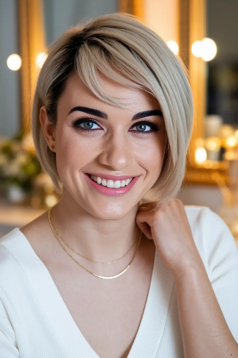 fall hair color for blondes with bangs Warm Blonde Pixie with Swoopy Fringe