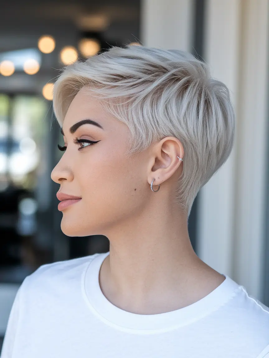 fall hair color for blondes straight Platinum Tapered Pixie with Cool Precision
