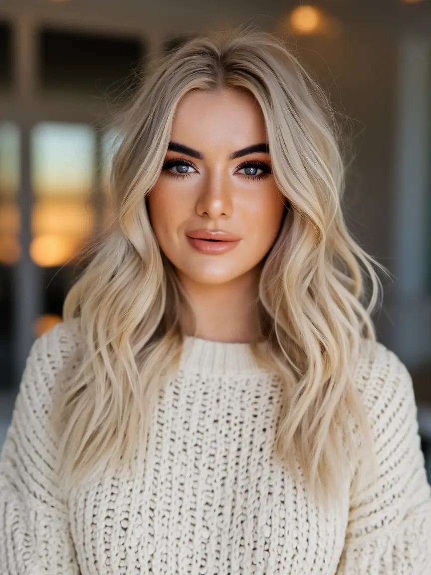 fall hair color for blondes caramel balayage Long Vanilla Blonde with Subtle Caramel Veil