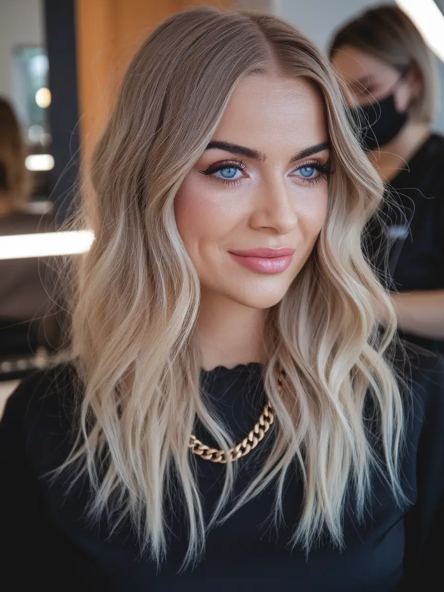 fall hair color for blondes 2025 Soft Sand Blonde with Shadow Roots
