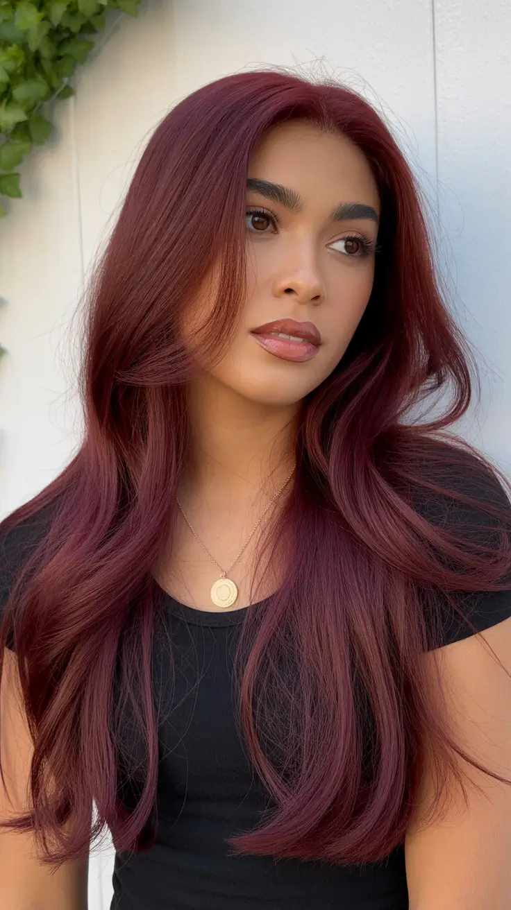 deep burgundy hair color fall Velvet Sangria with Sleek Layers