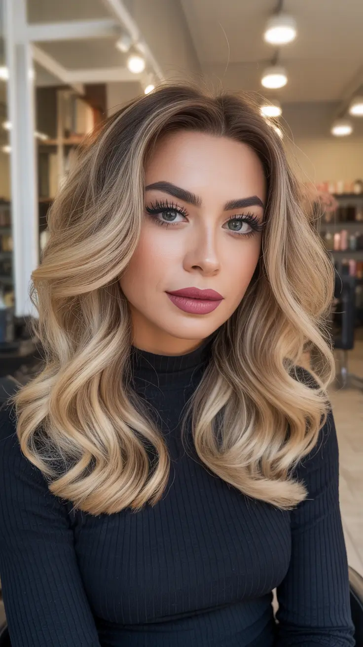 deep fall hair color Smoked Honey Waves with Contoured Lift