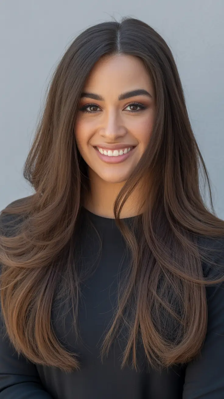 deep fall hair color Glossed Cocoa Layers with Soft Volume
