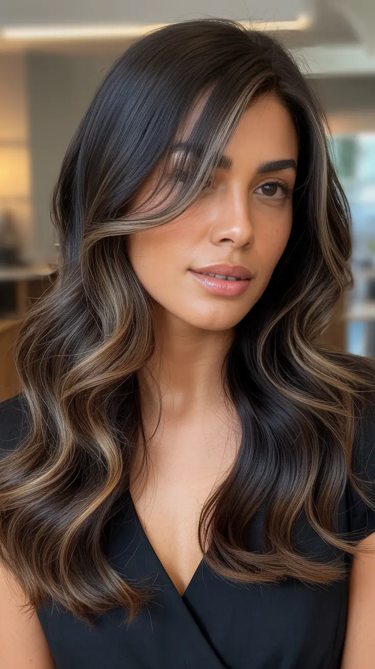 deep brunette hair color for fall Dark Roast Waves with Money Piece Dimension