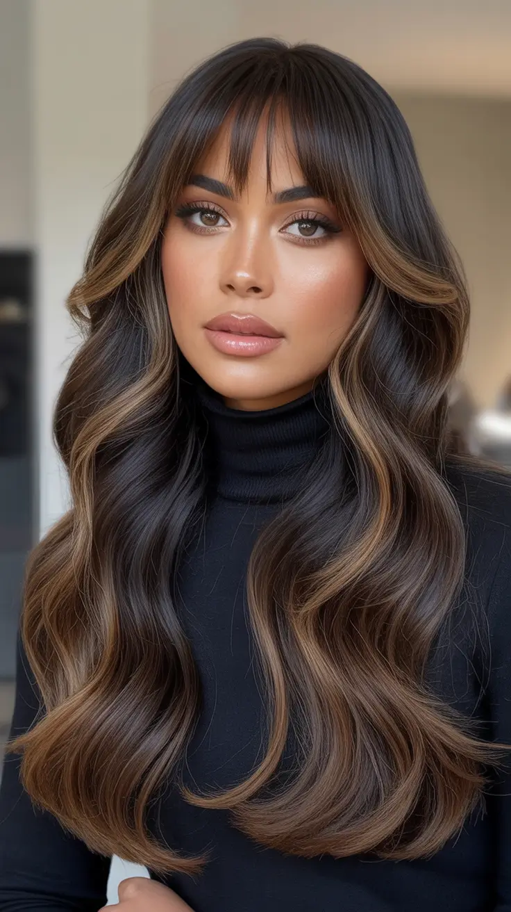 deep fall hair color+Cocoa Swirl with Curtain Bangs