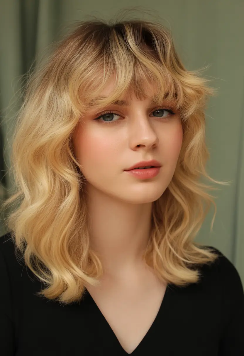fall hair colors for cool skin tones Buttered Champagne with Wispy Bangs