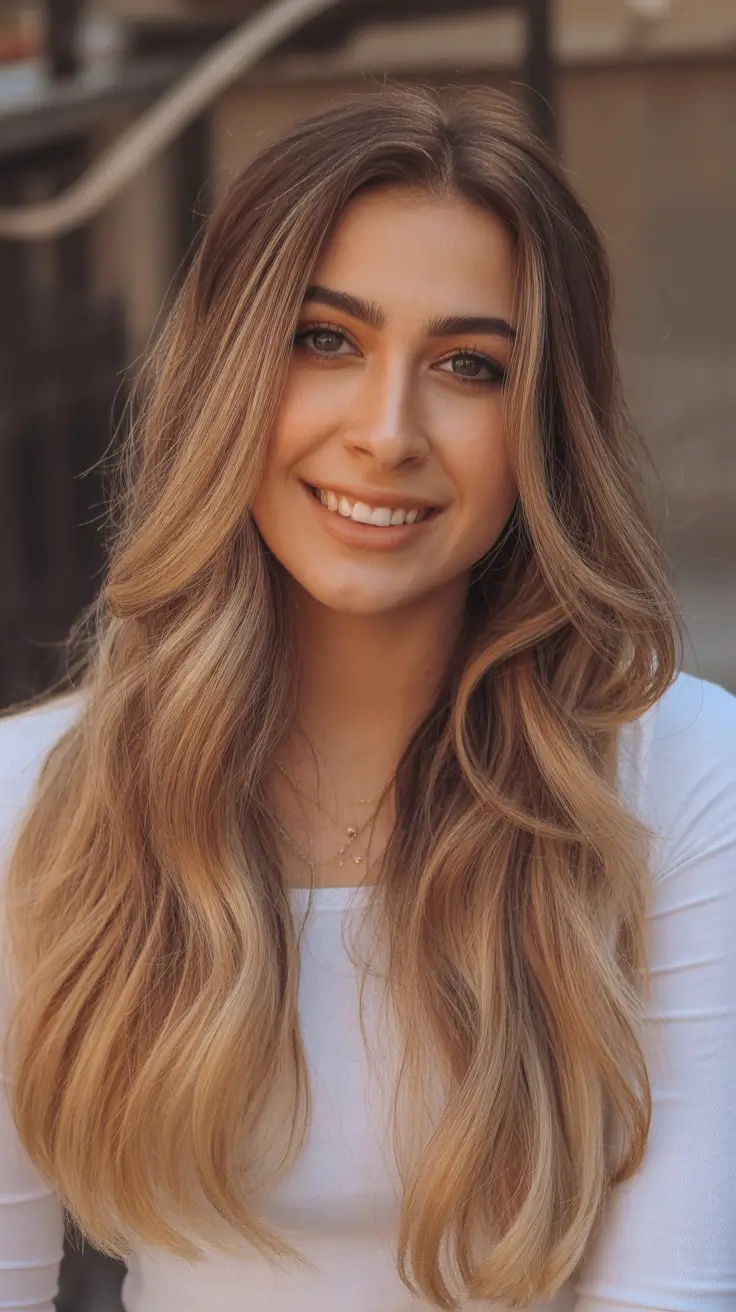 Fall hair colors for warm skin tones Amber Honey Lengths with Subtle Gradient Melt