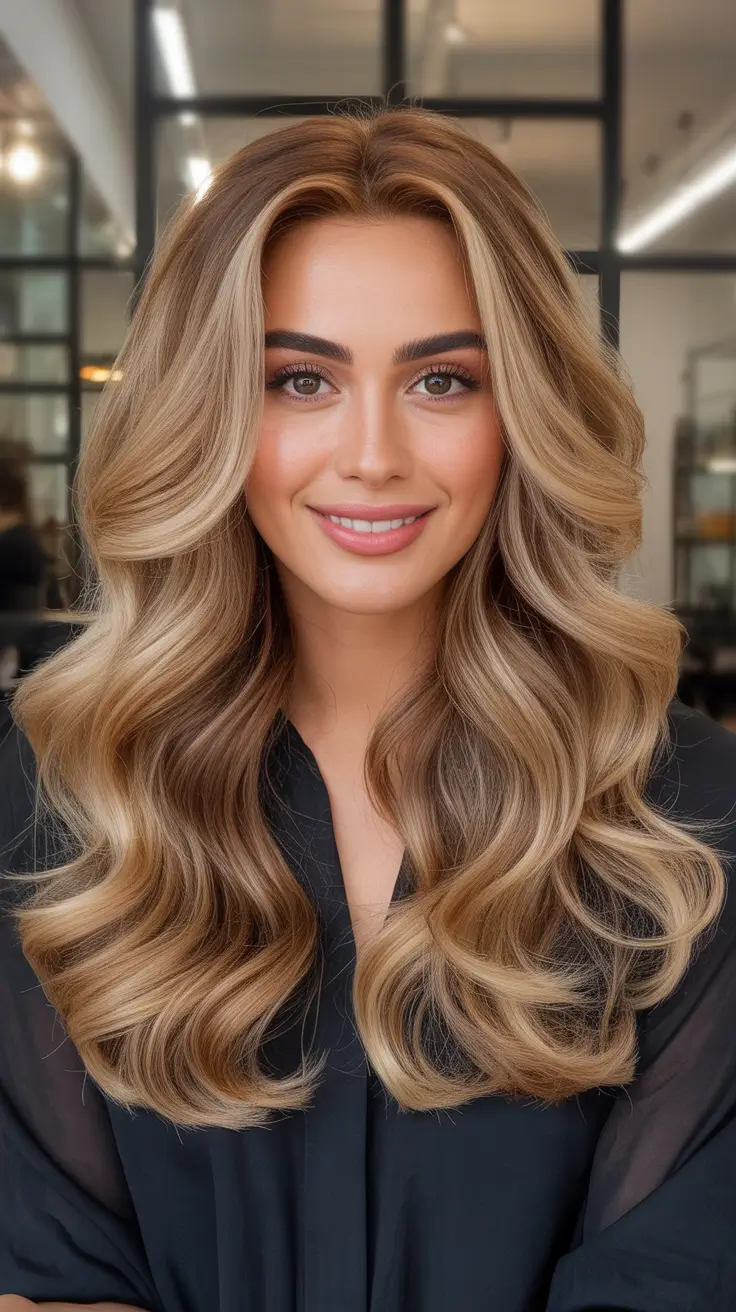 Fall hair colors for warm skin tones Milk Tea Blonde with Balanced Root Stretch
