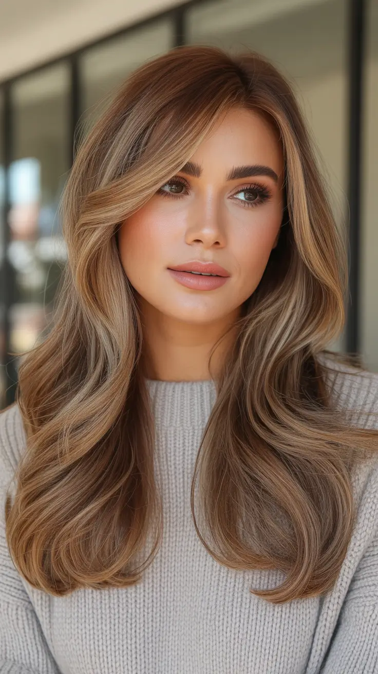 Fall hair colors for warm skin tones Golden Latte Layers That Catch the Light