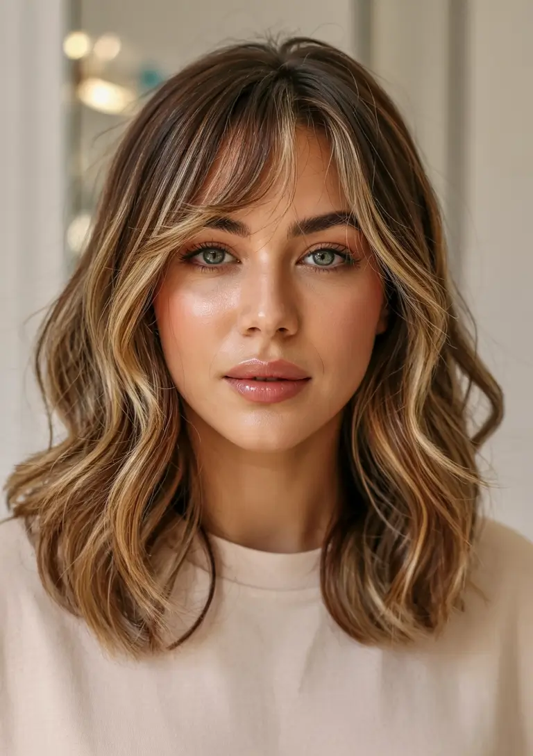 fall haircuts 2025 Soft Layers with Curtain Bangs and Buttery Blonde