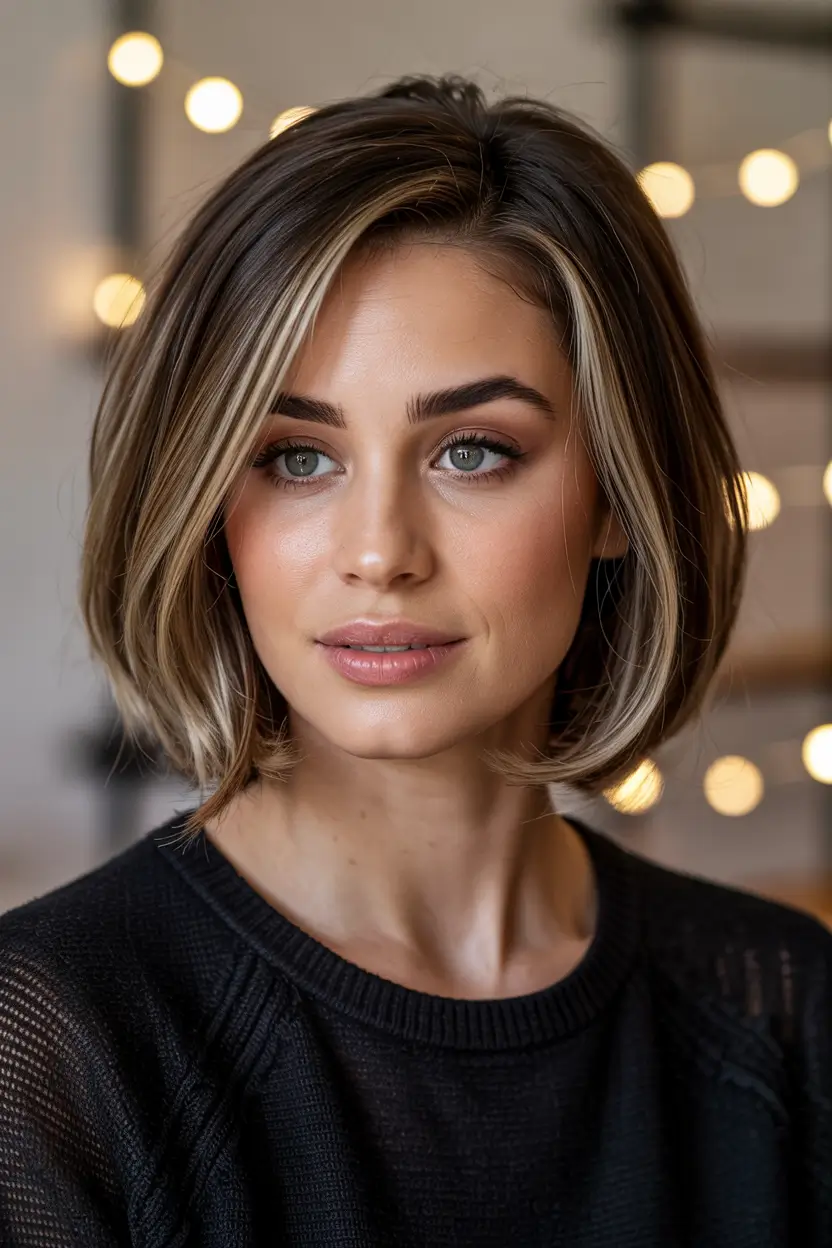 fall haircuts 2025 Polished Blunt Bob with Face-Framing Highlights
