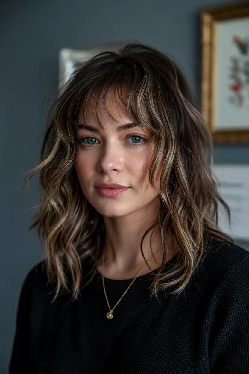 fall haircuts 2025 Layered Shag with Textured Bangs