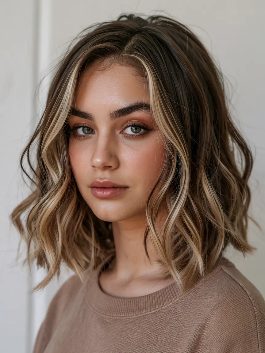 fall haircuts 2025 Golden Balayage Lob with Soft Waves