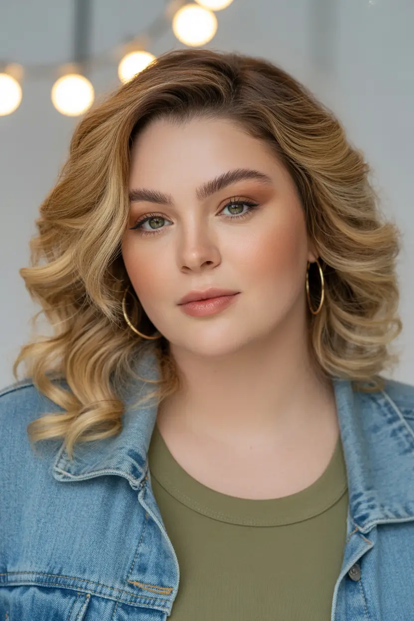 fall haircuts for plus size women round faces Golden Retro Curls with Lifted Crown