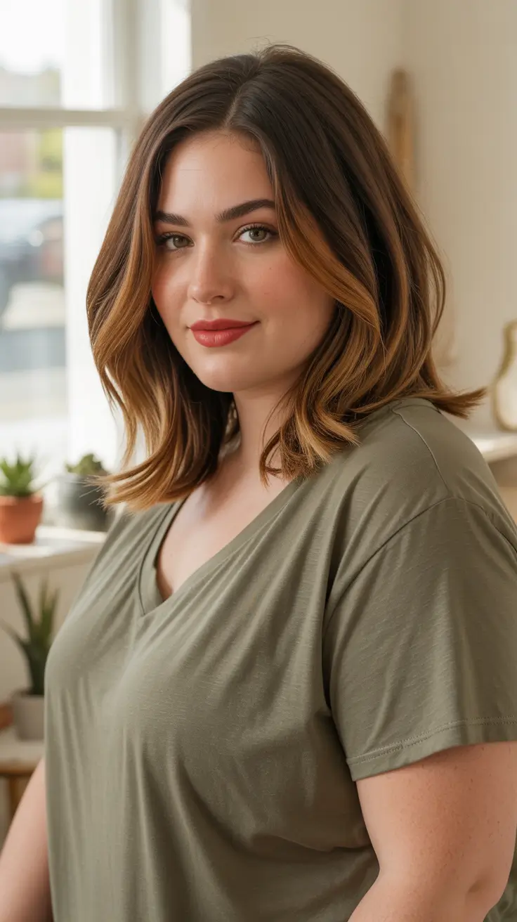 fall haircuts for plus size women in 40s Face-Framing Layers with Cinnamon Lowlights