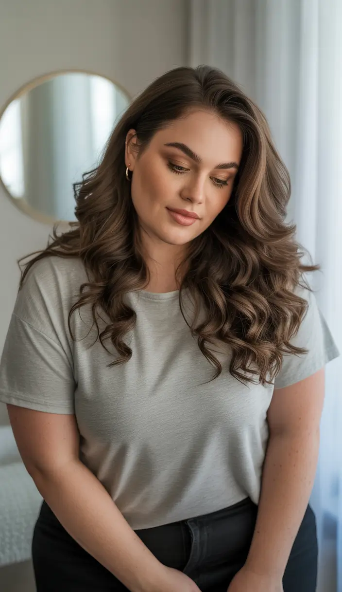 fall haircuts for plus size women flattering Brushed Chestnut Curls with Balanced Volume