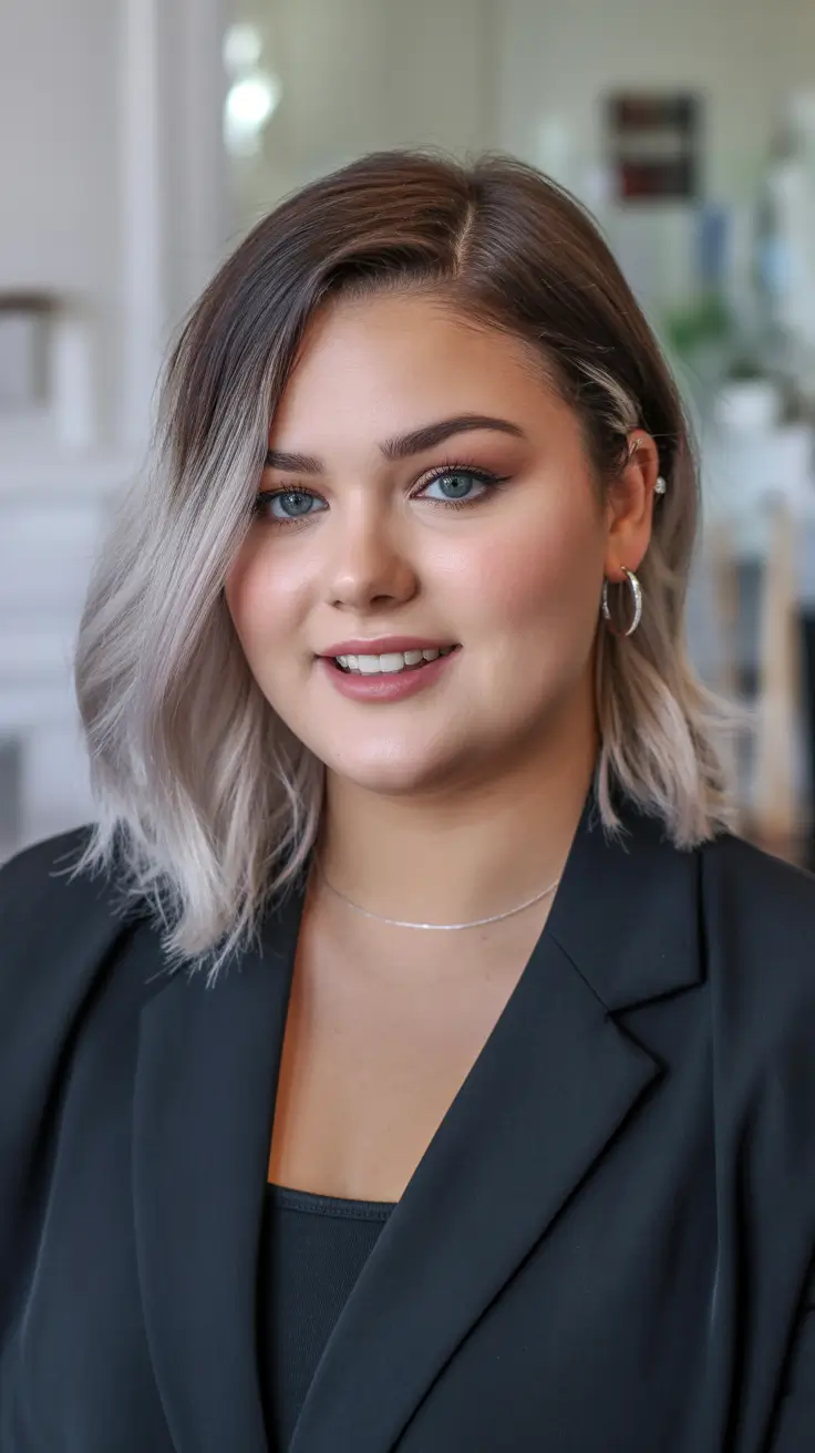fall haircuts for plus size women thin hair Rooted Silver Ombre on a Clean Angled Lob
