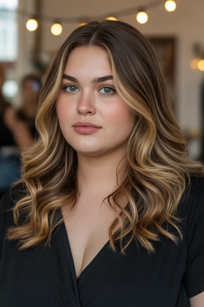 fall haircuts for plus size women long hair Golden Waves with Soft Money Pieces