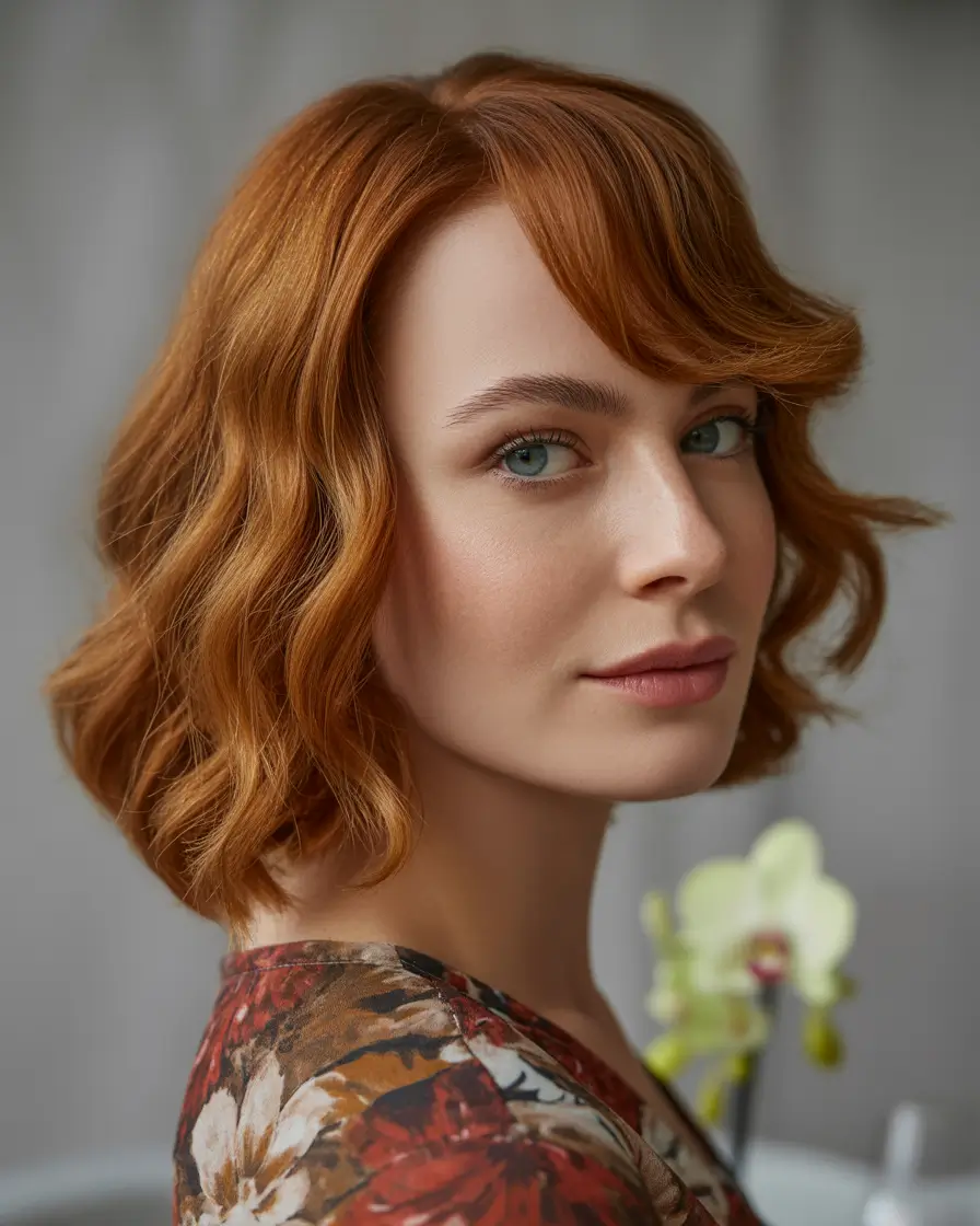fall hairstyles and colors Soft Auburn Waves With Side Bangs