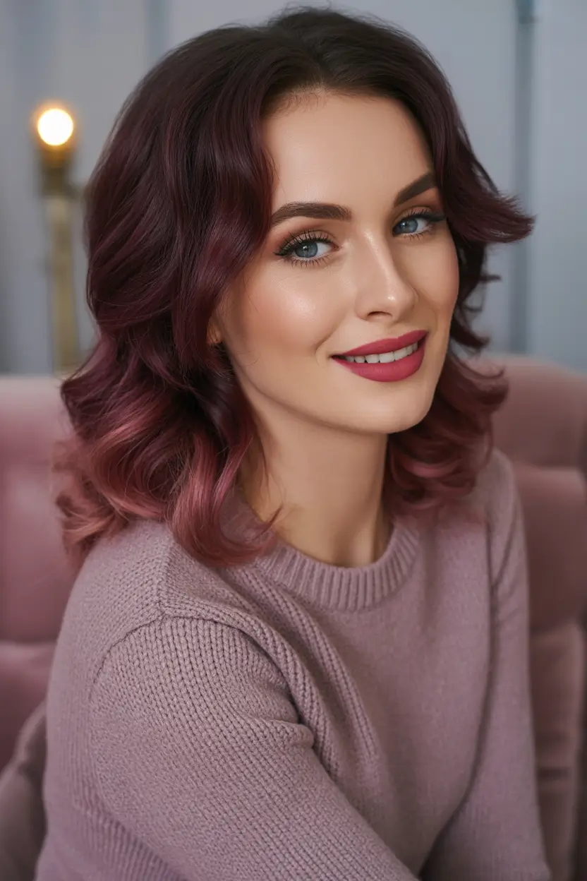 fall hairstyles and colors Velvety Plum Waves with Mid-Length Soft Volume