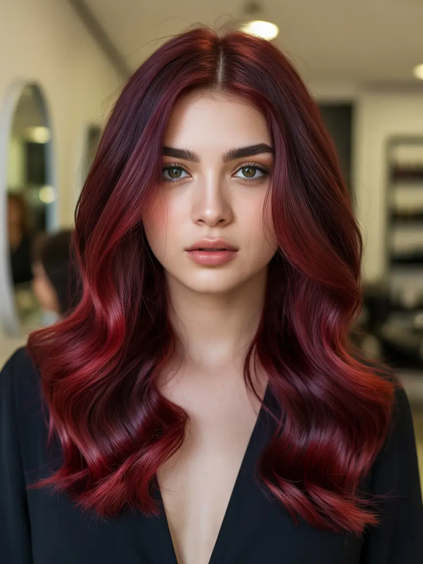 fall hair colors long hairstyles Glossy Merlot Waves with Center Part Glam