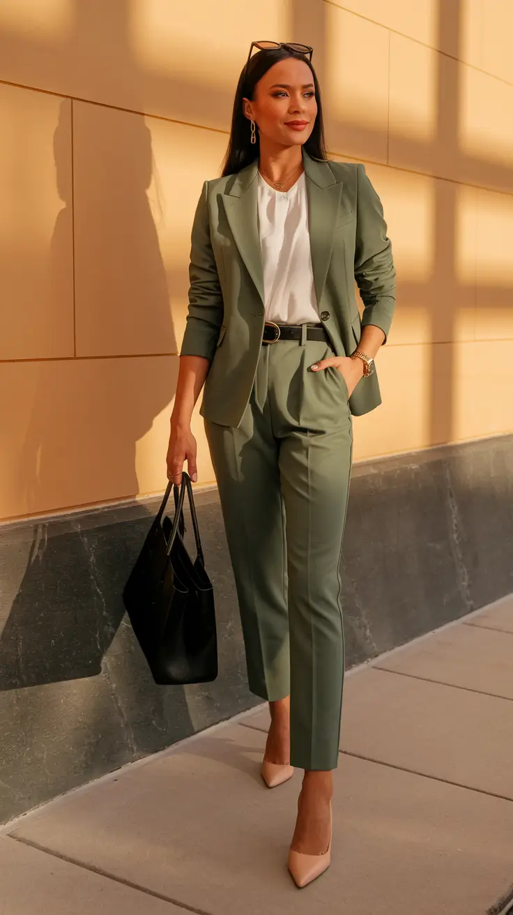 fall office outfits for women Sage Green Suiting for the Win