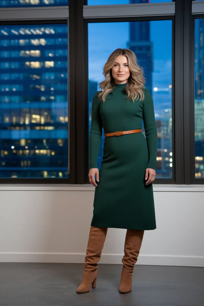 fall office outfits for women Forest Green Elegance With a Knee-High Twist