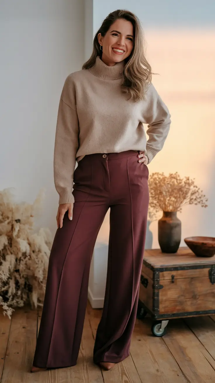 fall office outfits for women Plum Trousers and Cozy Elegance