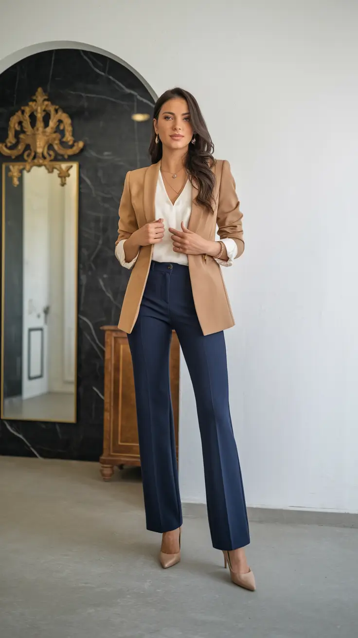 fall office outfits for women Warm Camel and Deep Navy — A Polished Combo