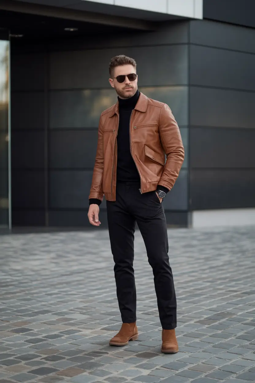 fall outfits for men 2025 Refined Rebel in Camel Leather