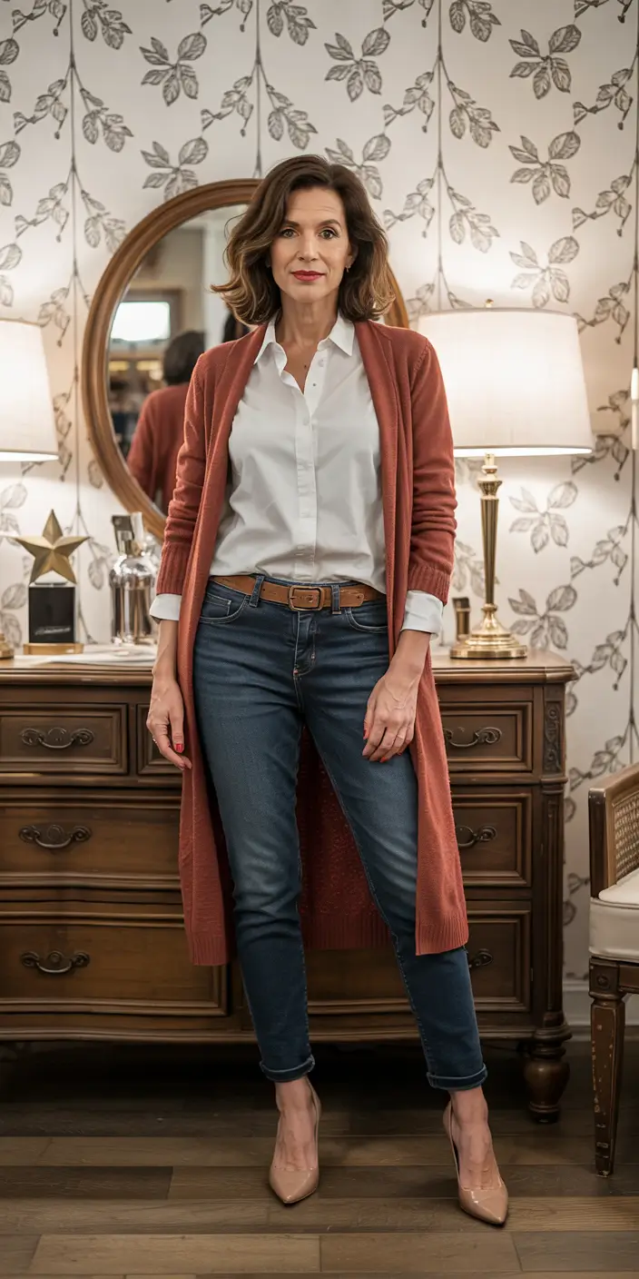 fall outfits for women over 40 classy casual Rust-Toned Cardigan Classic