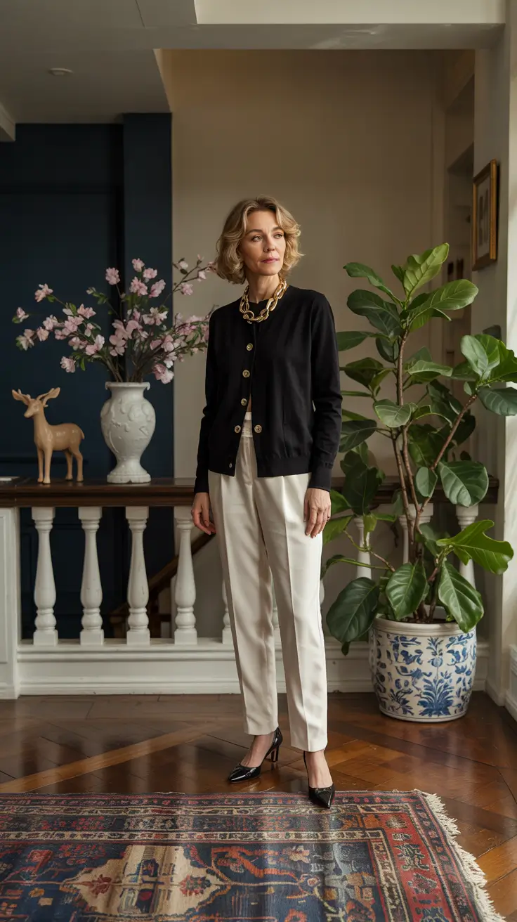 fall outfits for women over 40 Understated Elegance with Strong Accents