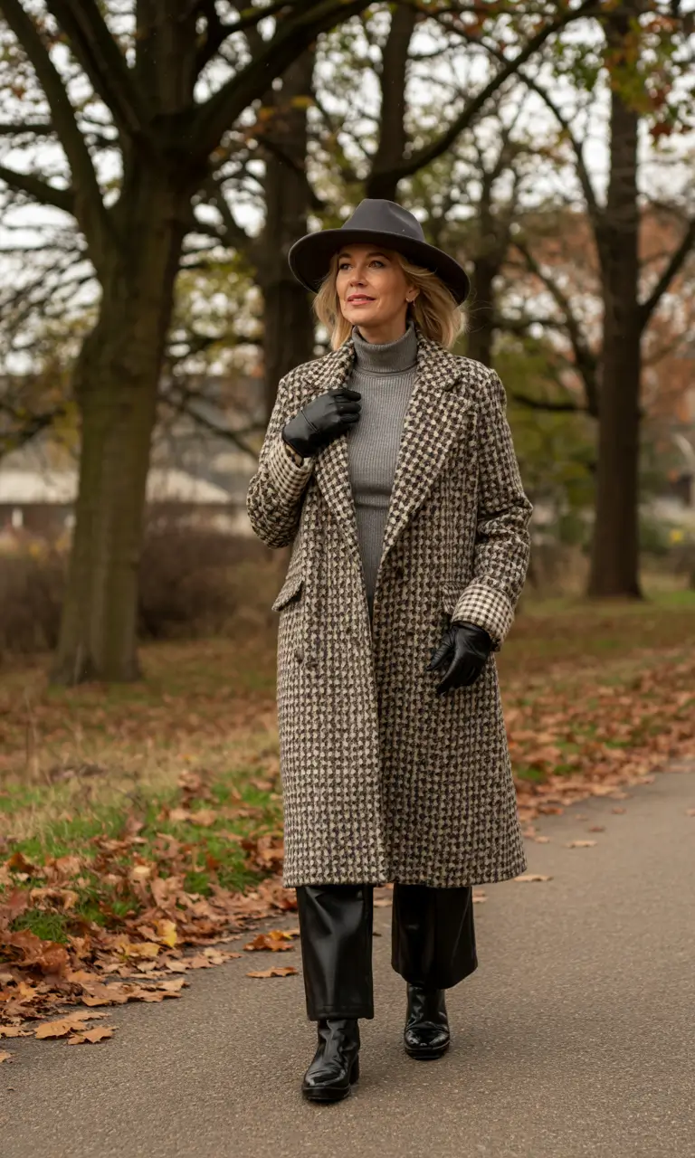 fall outfits for women over 50 classy Houndstooth Drama Meets Leather Edge