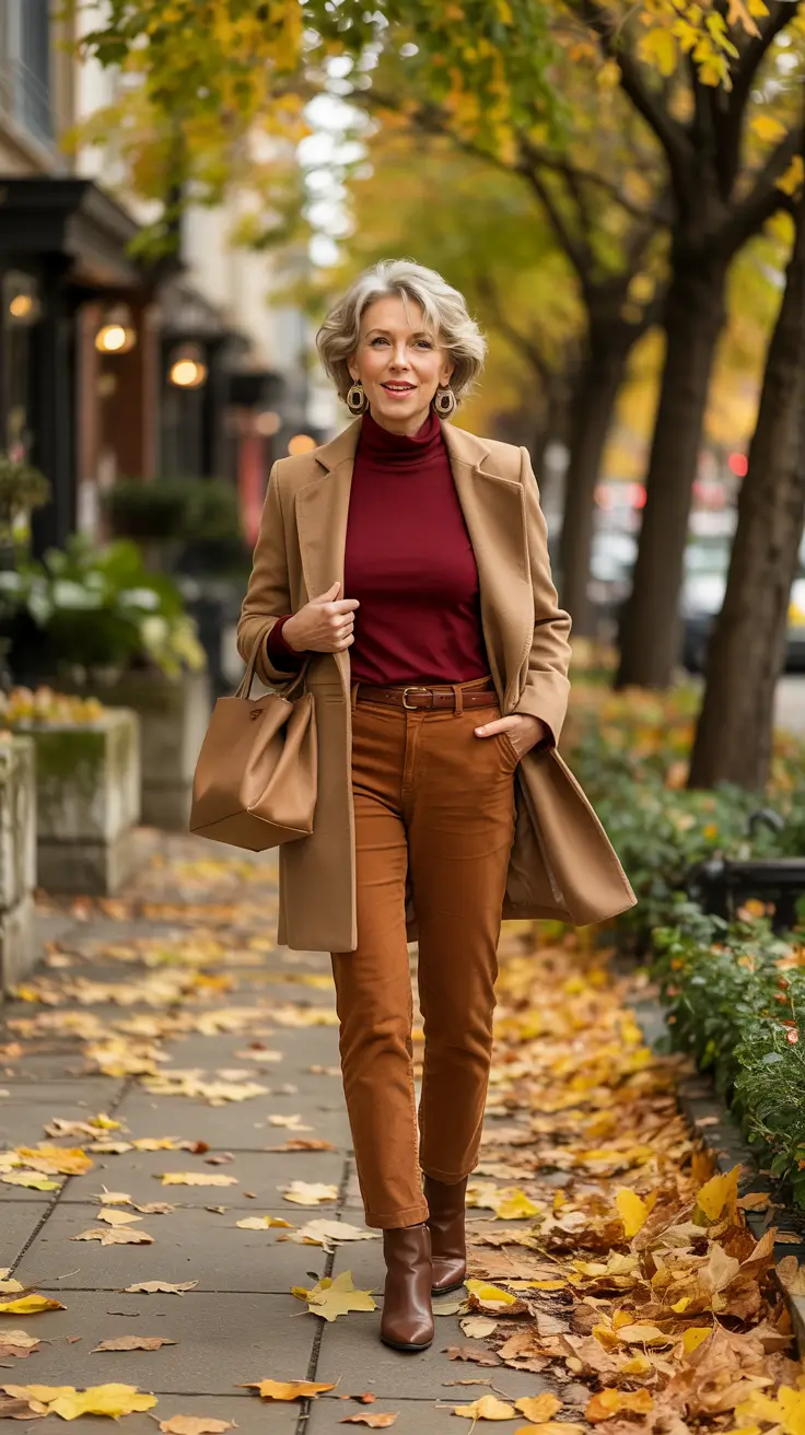 fall outfits for women over 50 classy Warm Tones, Sharp Lines