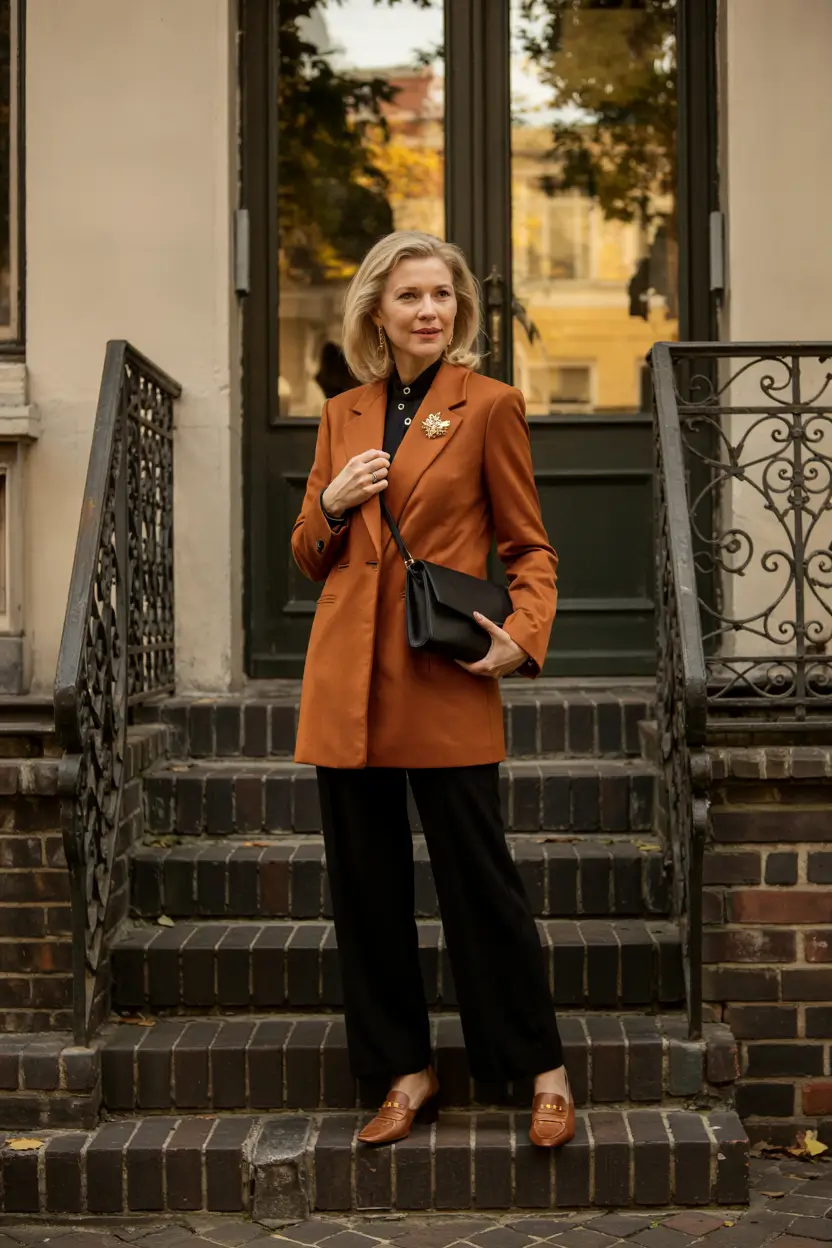 fall outfits women over 50 classy casual style Blazer Brilliance in Rust and Black