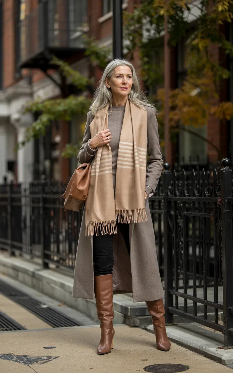 fall outfits women over 50 classy casual style Layered Taupes and Streetwise Elegance