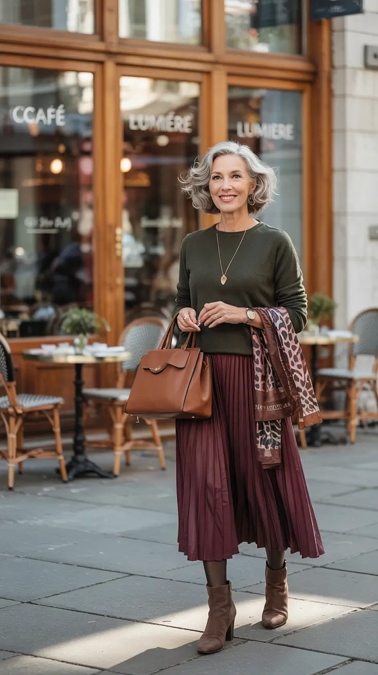 trendy fall outfits for women over 50 Merlot Skirt Meets Military Green