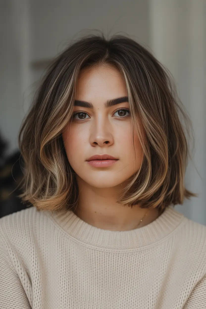 fall oval face haircuts Textured Lob with Natural Lowlights