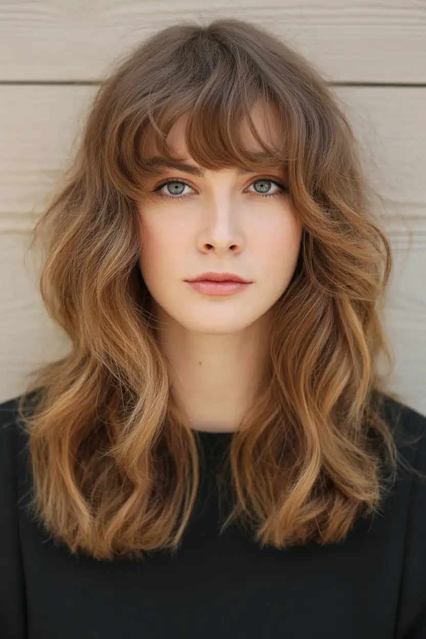 fall oval face haircuts Textured Caramel Shag with Soft Bangs