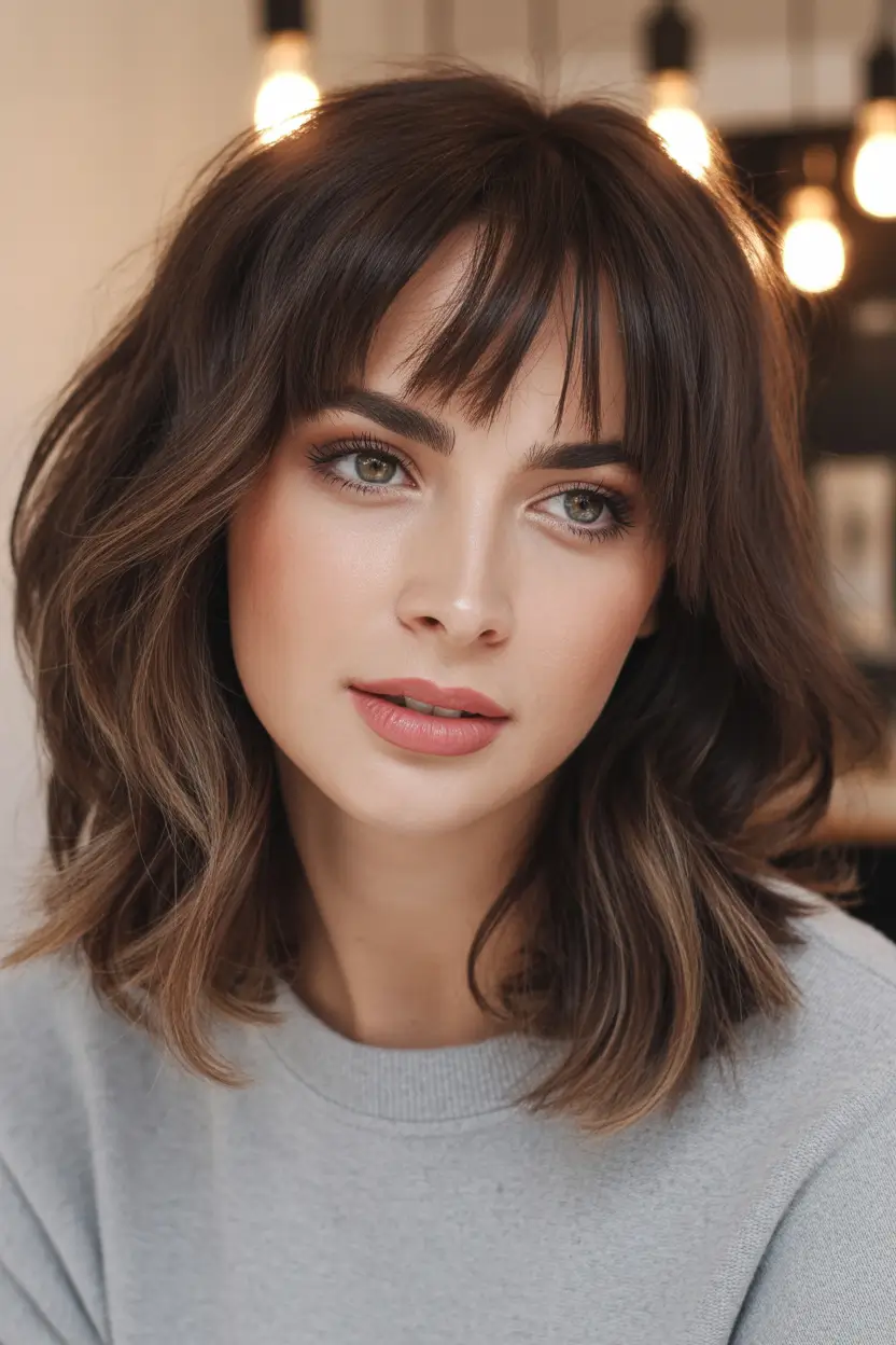fall oval face haircuts Tousled Brunette Lob with Micro Fringe