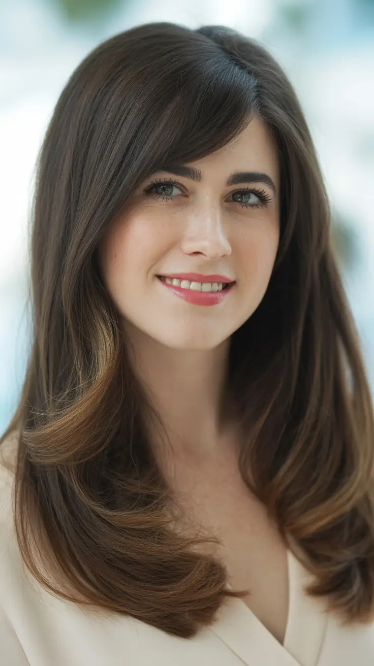 fall oval face haircuts Glossy Layers with a Swooped Fringe