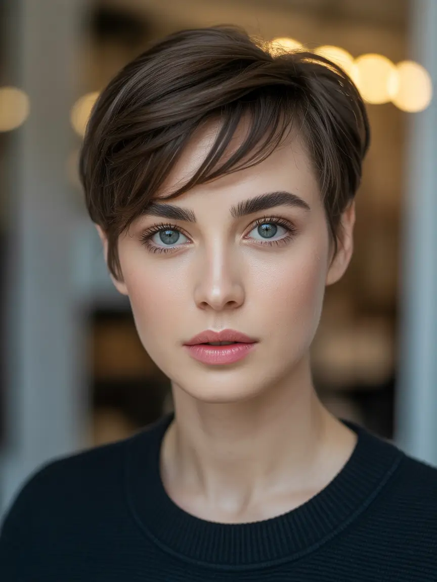 fall oval face haircuts Sharp Pixie Elegance with Feathered Bangs