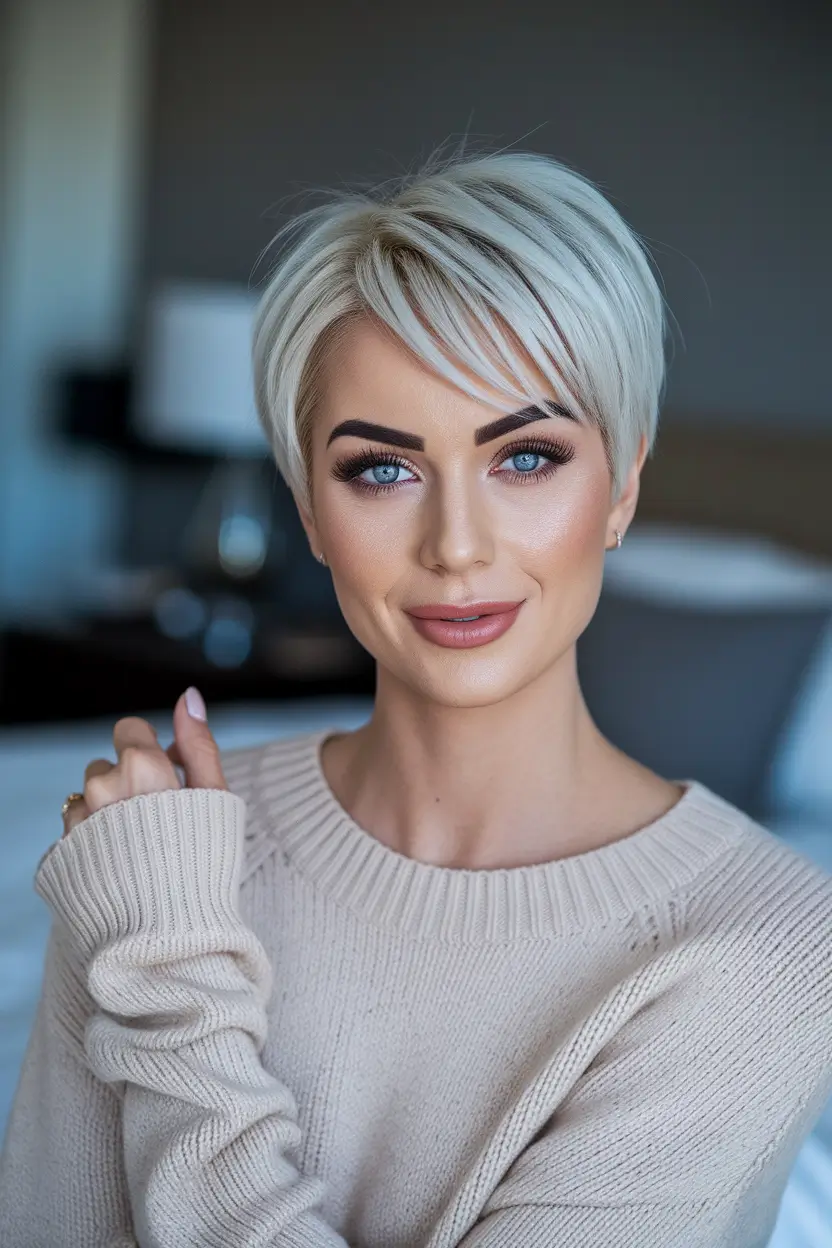 fall pixie haircut Classic Platinum Pixie with Side-Swept Fringe