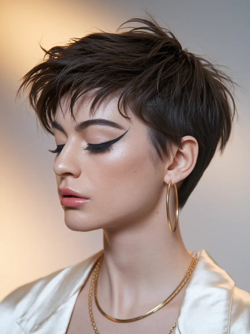 fall pixie haircut Inky Cocoa Tousled Pixie