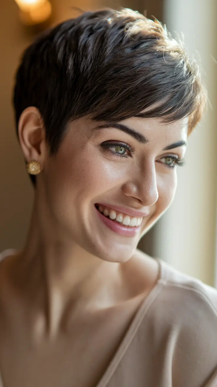 fall pixie haircut Warm Brunette Pixie with Soft Contour Layers