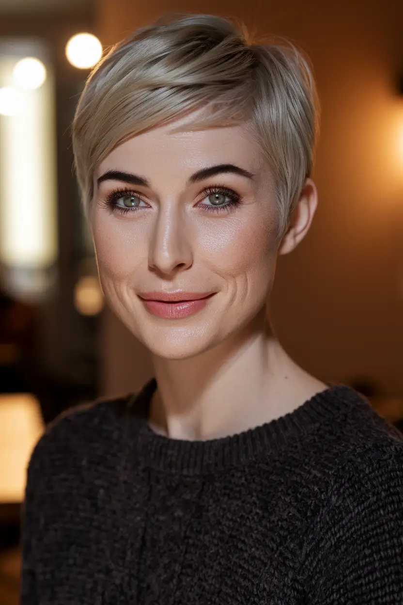 fall pixie haircut Frosty Blonde Pixie with Angled Side Fringe
