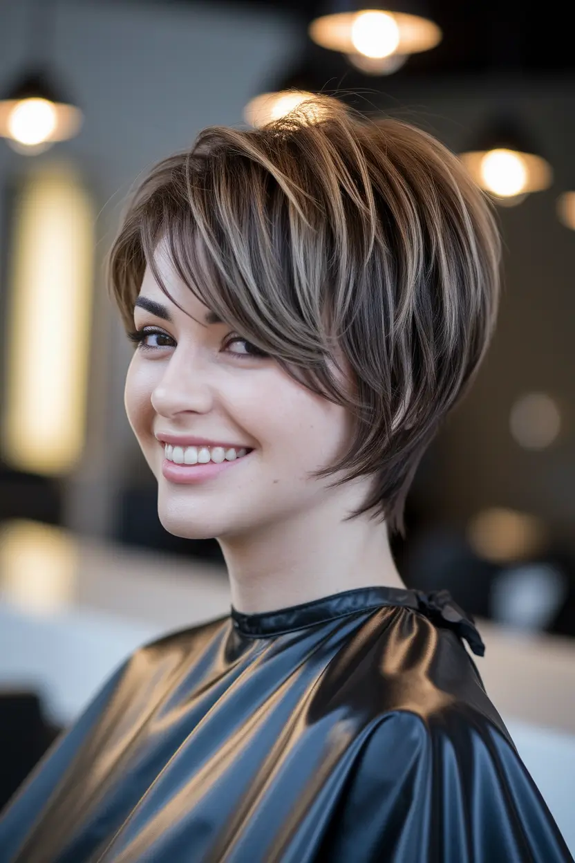 fall pixie haircut Long Wavy Pixie with Caramel Highlights