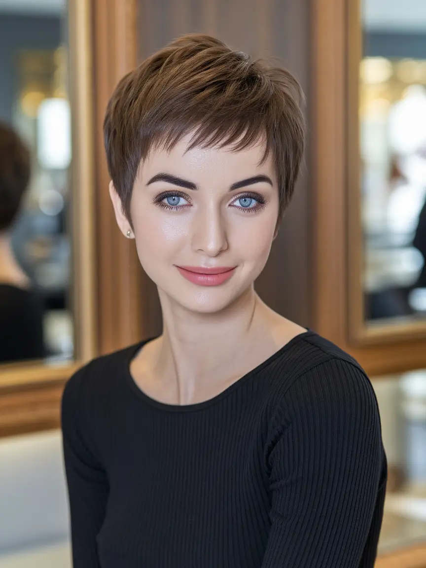 fall pixie haircut Cool Brunette Tapered Pixie