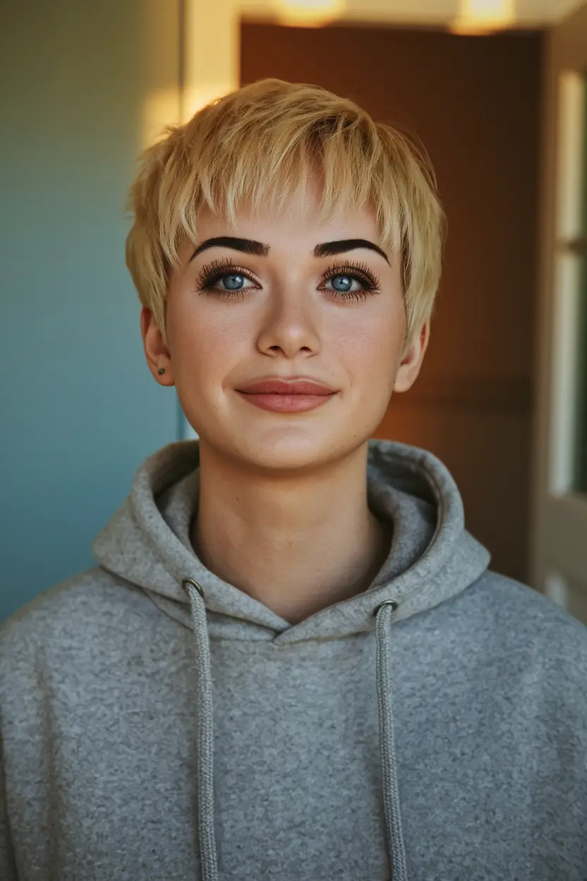 fall pixie haircut Soft Crop with Wispy Bangs and Platinum Blonde Shine