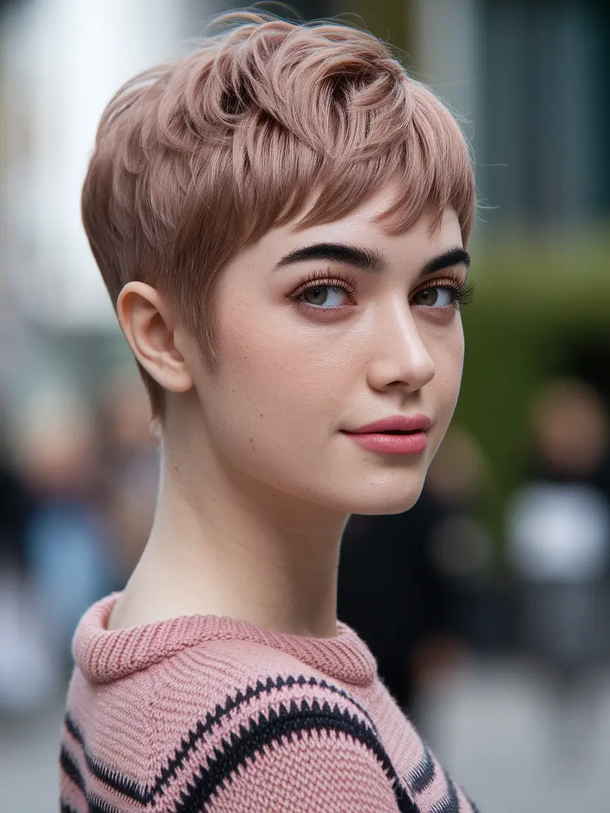 fall pixie haircut Rose-Toned Pixie with Feathered Definition